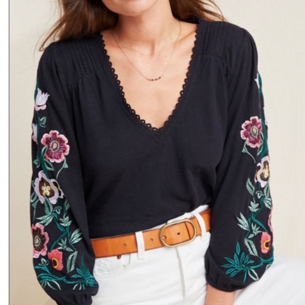 Anthropologie Helene Embroidered Blouse Floral Black Long Sleeve Bohemian Top XS